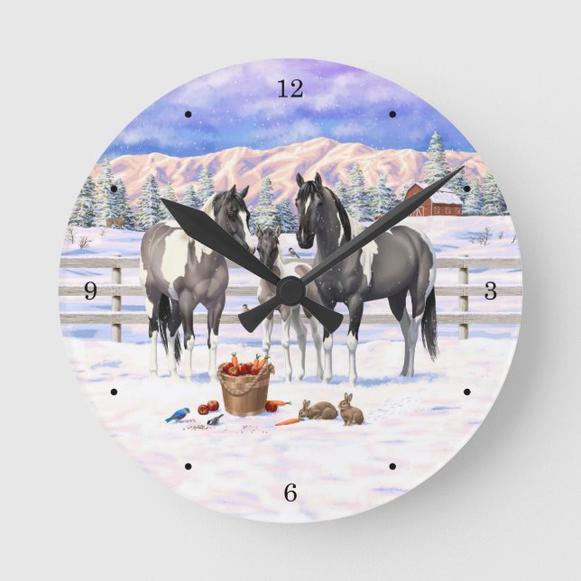Grulla Pinto Gray Paint Horses on a Winter Farm Round Clock (Front)
