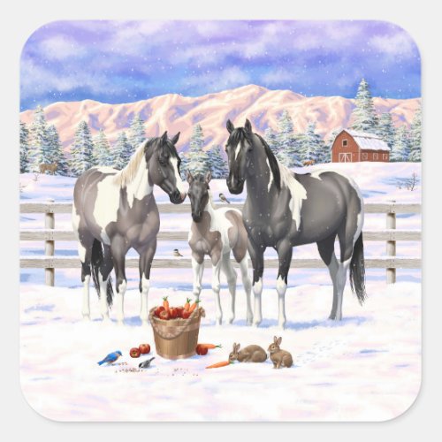 Grulla Pinto Gray Paint Horses on a Winter Farm Square Sticker