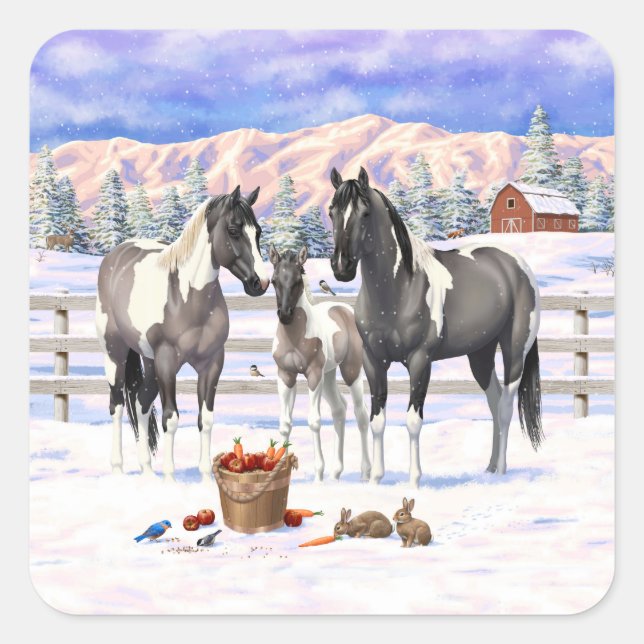 Grulla Pinto Gray Paint Horses on a Winter Farm Square Sticker (Front)