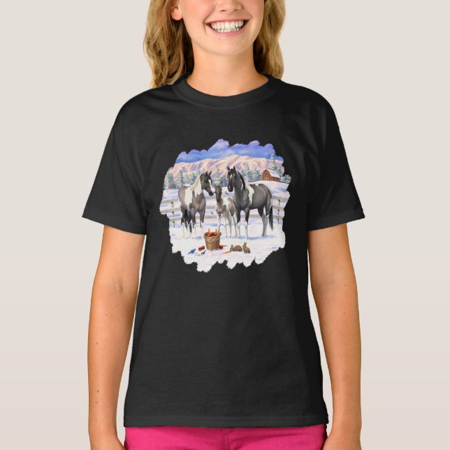 Grulla Pinto Gray Paint Horses on a Winter Farm T-Shirt (Front)