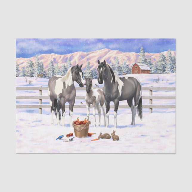 Grulla Pinto Gray Paint Horses on a Winter Farm Tissue Paper (Front)