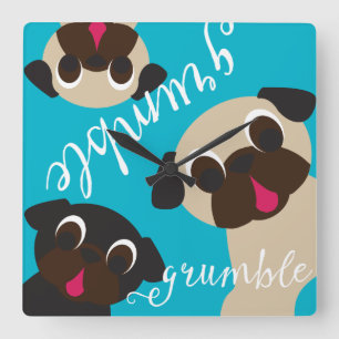 Grumble, Grumble Pug Wall Clock - 2 Fawn, 1 Black