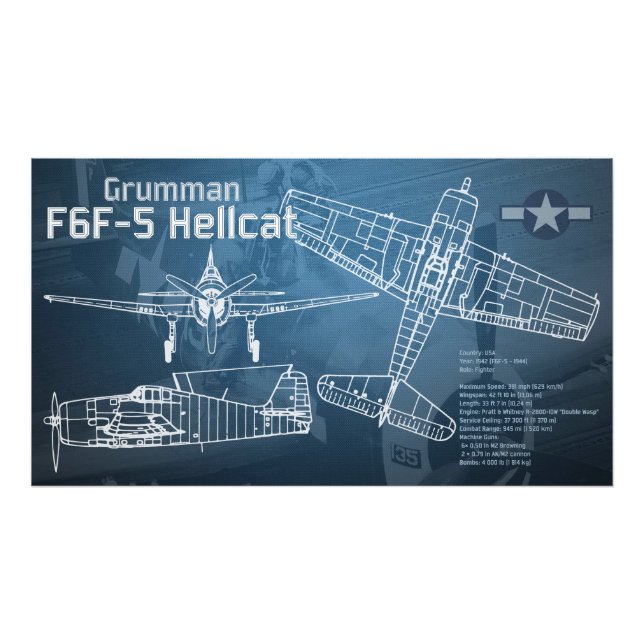 Grumman F6F Hellcat Blueprint Photo Print (Front)