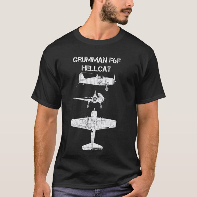 Grumman F6F Hellcat WW2 Navy Airplane Blueprint T-Shirt (Front)