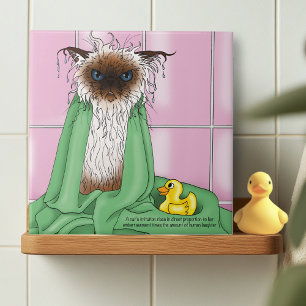 Grumpy Bath Time Himalayan Siamese Cat Funny Pink Ceramic Tile