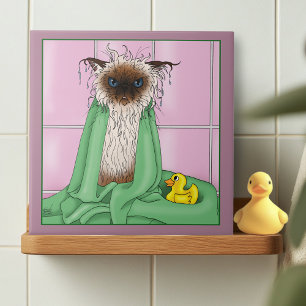 Grumpy Bath Time Himalayan Siamese Cat Funny Pink Ceramic Tile