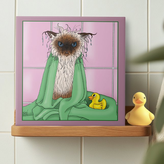 Grumpy Bath Time Himalayan Siamese Cat Funny Pink Ceramic Tile (Creator Uploaded)