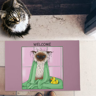 Grumpy Bath Time Himalayan Siamese Cat Funny Pink Doormat