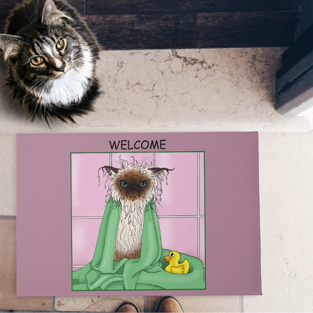 Grumpy Bath Time Himalayan Siamese Cat Funny Pink Doormat (Creator Uploaded)