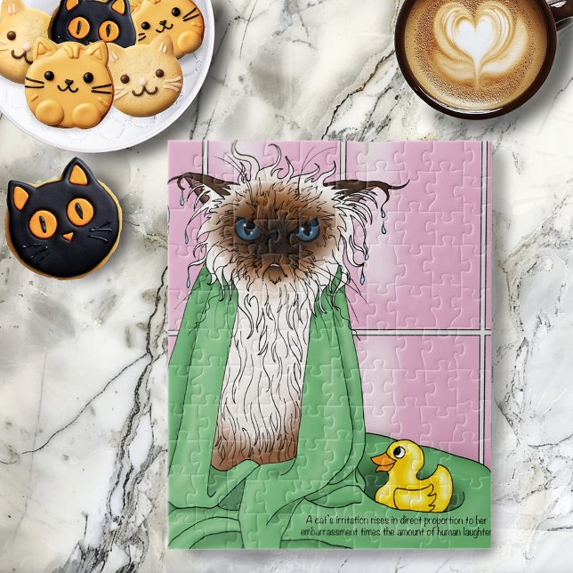 Grumpy Bath Time Himalayan Siamese Cat Funny Pink Jigsaw Puzzle (Creator Uploaded)