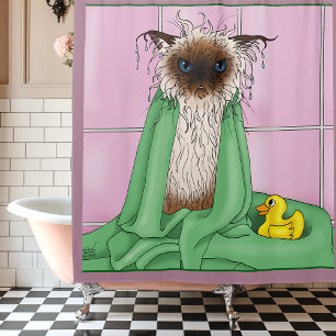 Grumpy Bath Time Himalayan Siamese Cat Funny Pink Shower Curtain