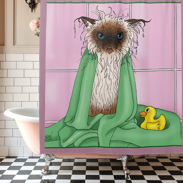 Grumpy Bath Time Himalayan Siamese Cat Funny Pink Shower Curtain (Creator Uploaded)