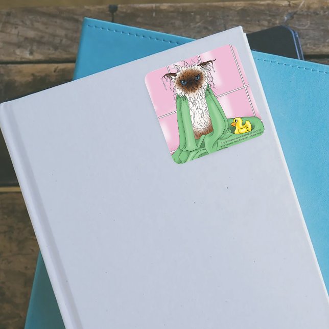 Grumpy Bath Time Himalayan Siamese Cat Funny Pink Square Sticker (Creator Uploaded)