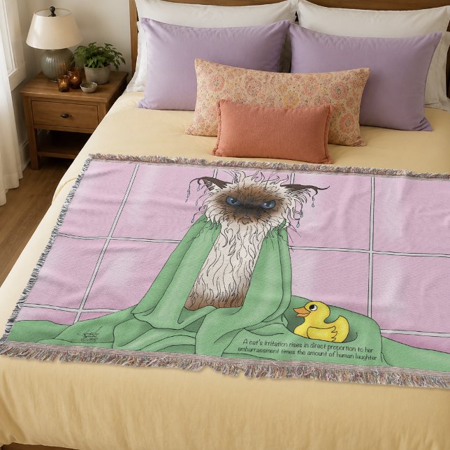 Grumpy Bath Time Himalayan Siamese Cat Funny Pink Throw Blanket (Creator Uploaded)
