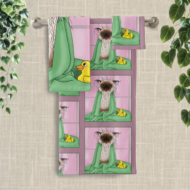 Grumpy Bath Time Himalayan Siamese Cat Funny Pink Towel Set (Creator Uploaded)