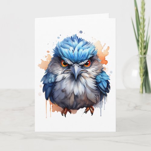 Grumpy Bird Cute Fluffy Angry Blue Blank Card