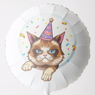 Grumpy Birthday Cat – Party Hat & Confetti Balloon