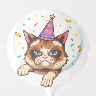 Grumpy Birthday Cat – Party Hat & Confetti Balloon