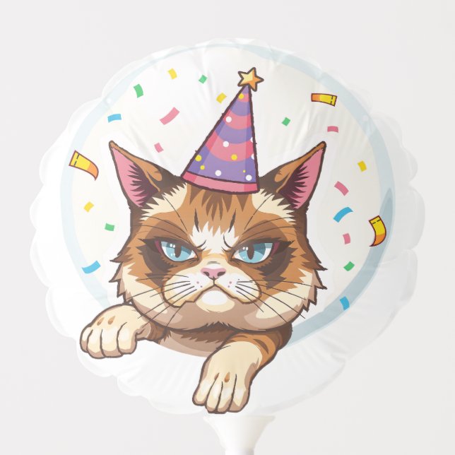 Grumpy Birthday Cat – Party Hat & Confetti Balloon (Front)