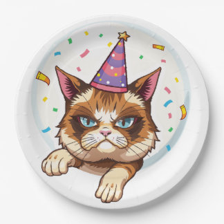 Grumpy Birthday Cat – Party Hat & Confetti Paper Plates
