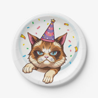Grumpy Birthday Cat – Party Hat & Confetti Paper Plates