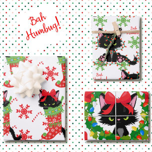 Grumpy Black Cat Bah Humbug Red and Green 3 Wrapping Paper Sheets