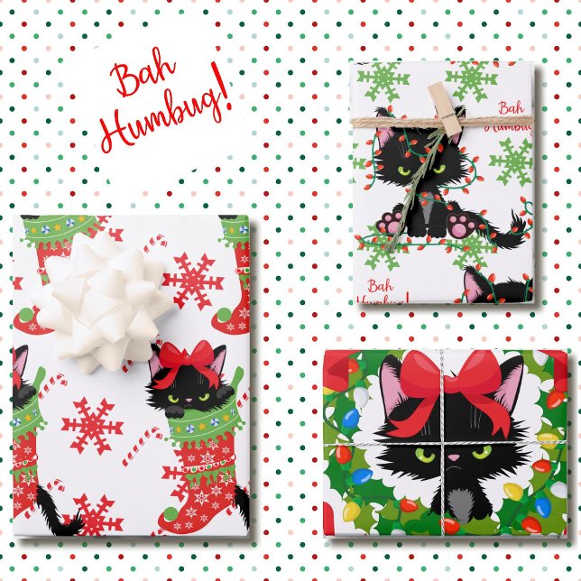 Grumpy Black Cat Bah Humbug Red and Green 3  Wrapping Paper Sheets (Creator Uploaded)