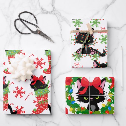 Grumpy Black Cat Bah Humbug Red and Green 3  Wrapping Paper Sheets