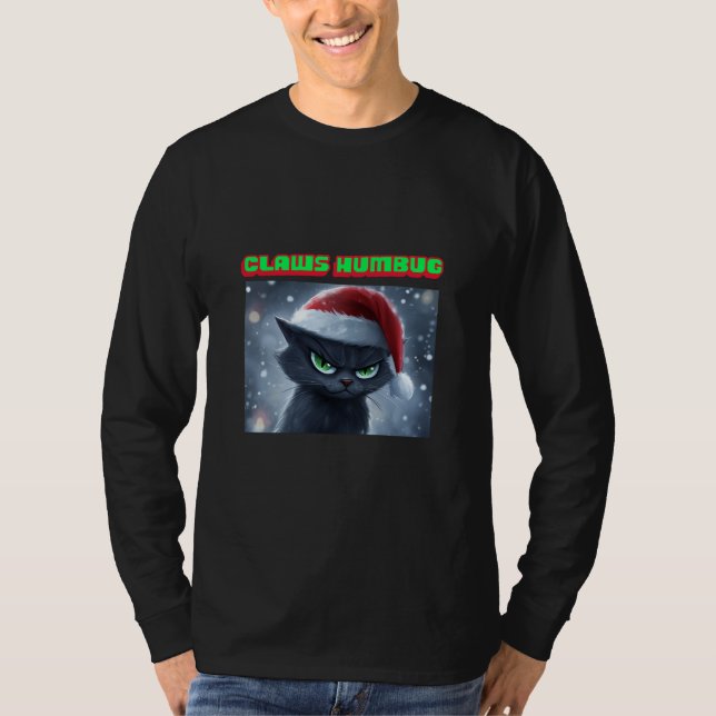 Grumpy Black Cat ‘Claws Humbug’ Christmas T-Shirt (Front)