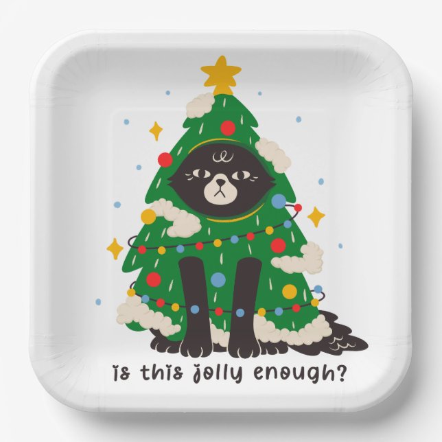 Grumpy Black Cat Dressed As a Tree Paper Plates (Front)