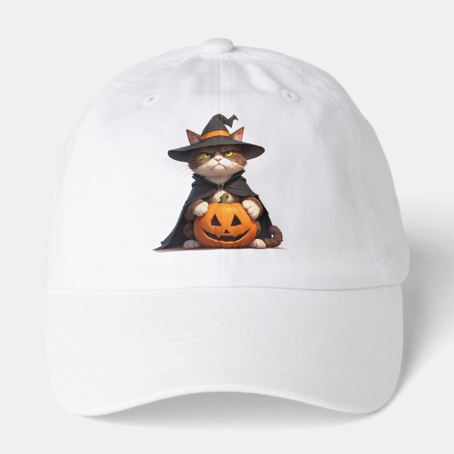 Grumpy Black Cat Holding Pumpkin For Halloween 👻 Hat (Front)