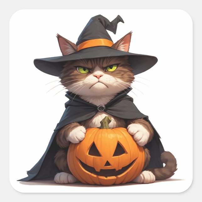 Grumpy Black Cat Holding Pumpkin For Halloween 👻 Square Sticker (Front)