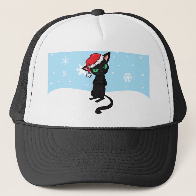 Grumpy Black Cat wearing Santa Hat (Front)