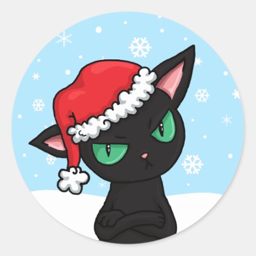 Grumpy Black Cat wearing Santa Hat Classic Round Sticker