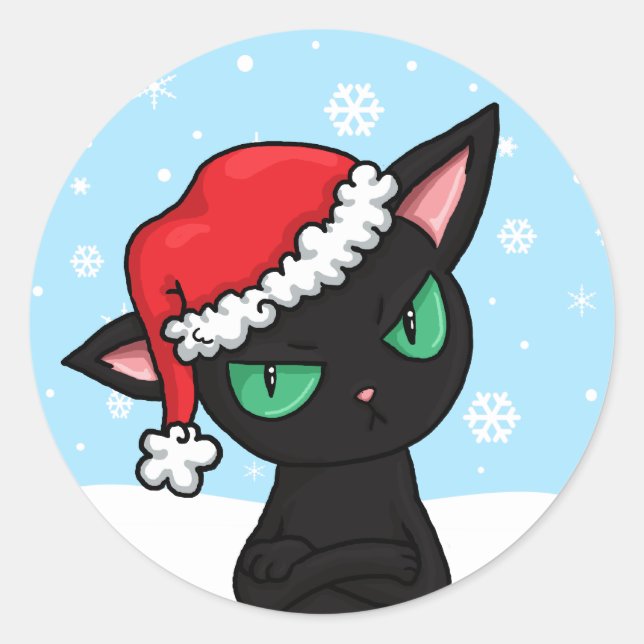 Grumpy Black Cat wearing Santa Hat Classic Round Sticker (Front)