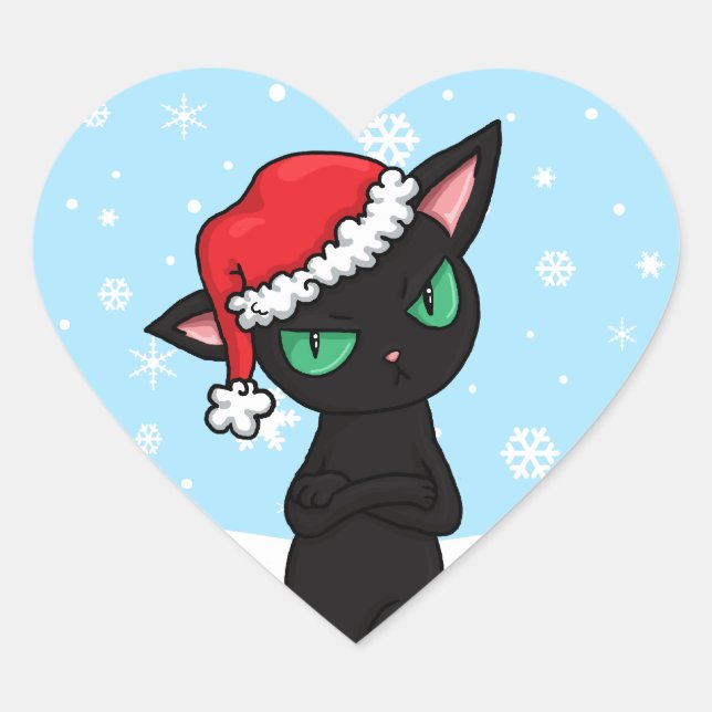 Grumpy Black Cat wearing Santa Hat Heart Sticker (Front)