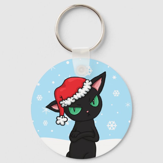 Grumpy Black Cat wearing Santa Hat Keychain (Front)