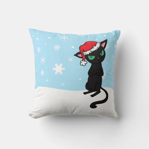 Grumpy Black Cat wearing Santa Hat Throw Pillow