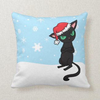 Grumpy Black Cat wearing Santa Hat Throw Pillow
