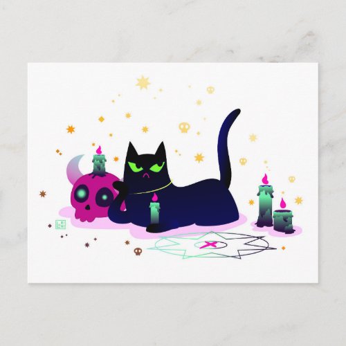 Grumpy Black Cat  with a Skull Postcard