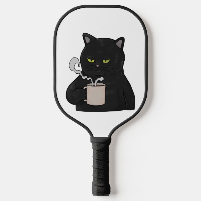 Grumpy Black Cat with Coffee Morning Grouch Pickleball Paddle (Front)