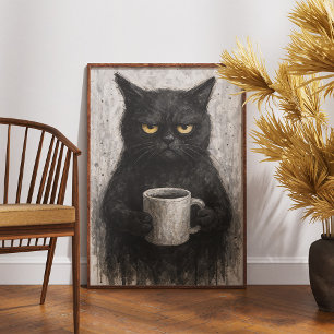Grumpy Black Cat With Coffee Wall Art Poster