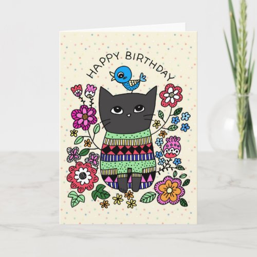 Grumpy Black Cat with little bluebird birthday  Card