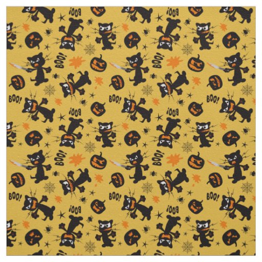 Grumpy Black Halloween Cats and Spooky Pumpkins Fabric