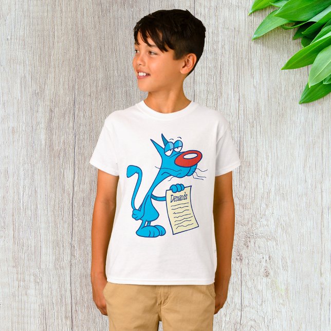 Grumpy Blue Cartoon Cat Holding Demands List T-Shirt (Creator Uploaded)