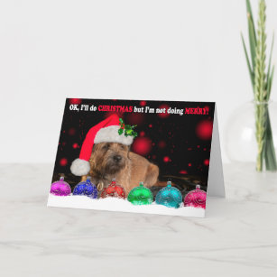 Grumpy Border Terrier Dog Wearing A Santa Hat, Whi Holiday Card