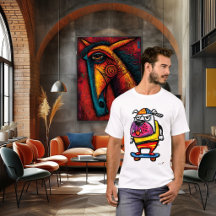 Grumpy Bulldog on Skateboard Cartoon T-Shirt