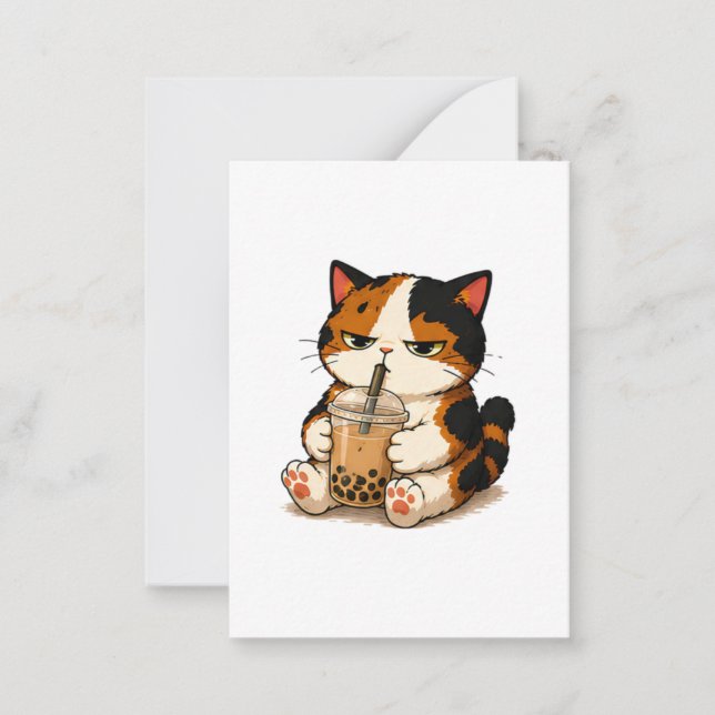 Grumpy Calico Cat Bubble Tea  Note Card (Front)