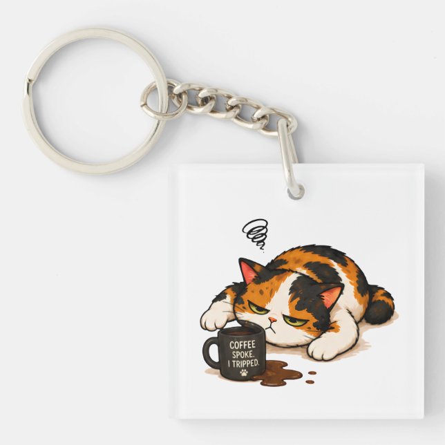 Grumpy Calico Cat - Coffee spoke Keychain (Front)