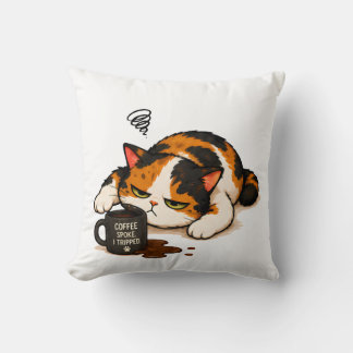 Grumpy Calico Cat - Coffee spoke Throw Pillow